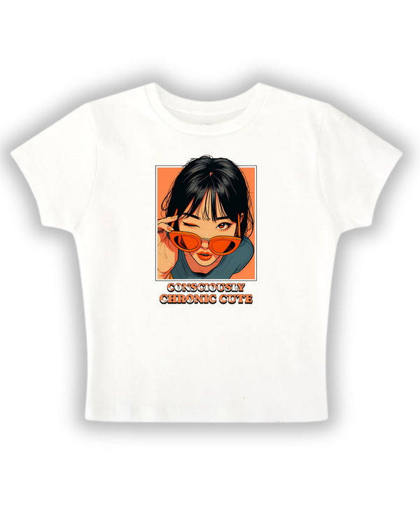 Chronic Cute – White Baby Tee with Pop Graphic | Women’s Cropped Top